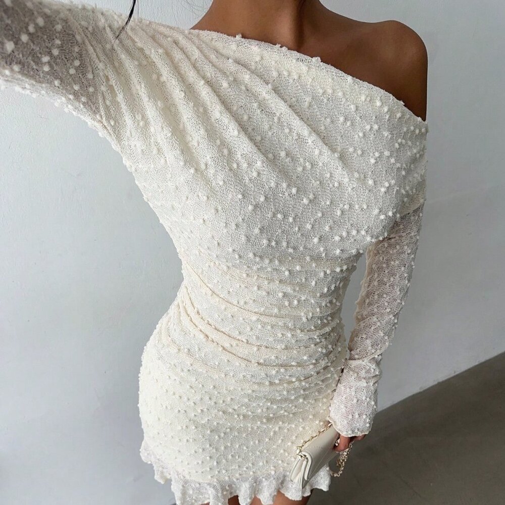 Apricot Elegant Women's Sexy Shoulder Long Sleeve Mini Bodycon Dress